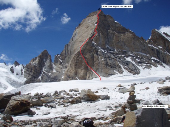 Vris smeri »Treasure of Zanskar« v jugovzhodni steni Chakdor Ri (6193 m). Pogled iz zgornjega ledenika Rangtik. 